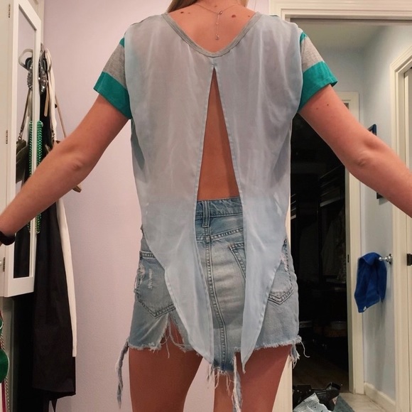 Cute Green and Grey Striped Shirt w/open back - Picture 2 of 7